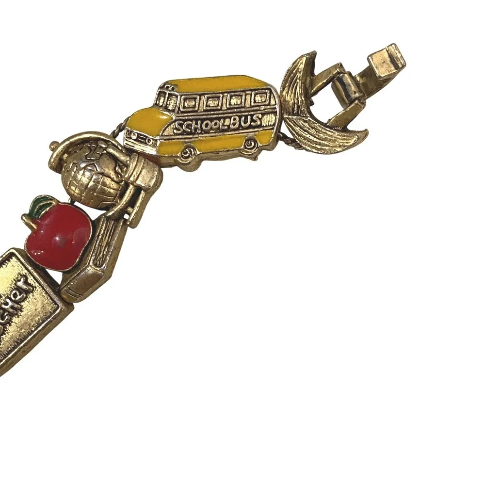 Vtg Y2K Jennie B Watch Women Gold Tone Enamel Charm Bracelet School Teacher 7.5